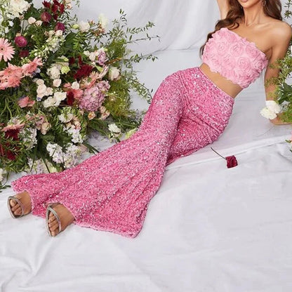 Glitter Sequins Shiny Club Party Pants Spring High Waisted Trouses Autumn Straight Flaredpants Harajuku