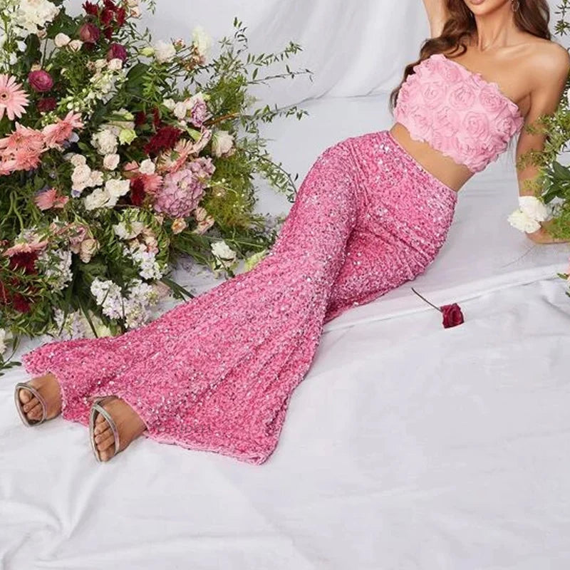 Glitter Sequins Shiny Club Party Pants Spring High Waisted Trouses Autumn Straight Flaredpants Harajuku