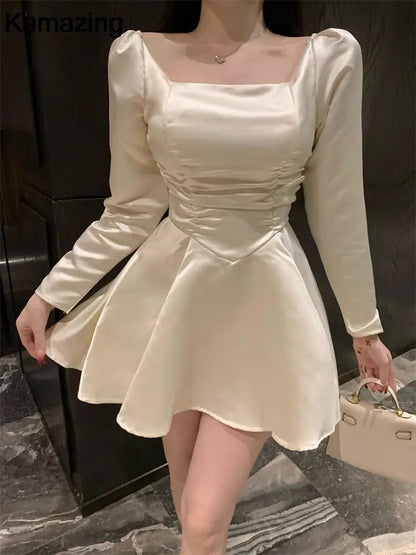 Satin Mini Dress Spring Summer Aline Party Evening Clothes Female Long Sleeve Vestidos New