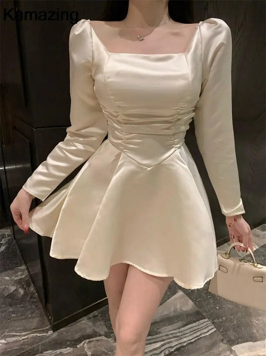 Satin Mini Dress Spring Summer Aline Party Evening Clothes Female Long Sleeve Vestidos New