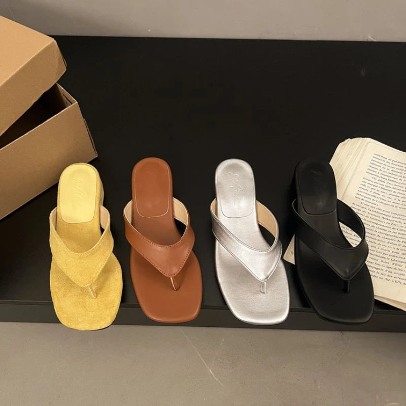Summer Thin Low Heels Slippers Round Clip Toe Beach Sandals Flip Flops Shoes Zapatos De Mujer