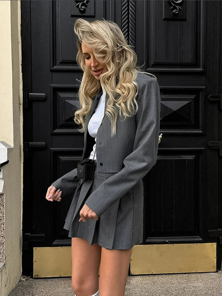 Striped Short Jackets Skirts Set Long Sleeve Suit Coat Mini Skirt Sets Female Gray Outfits