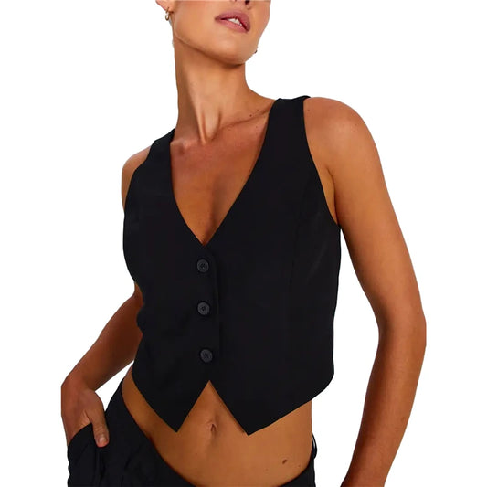 Vest Waistcoat for Y2k Clothes Color Slim Fit V Neck Sleeveless Button Down Crop Top Outwear Gilet