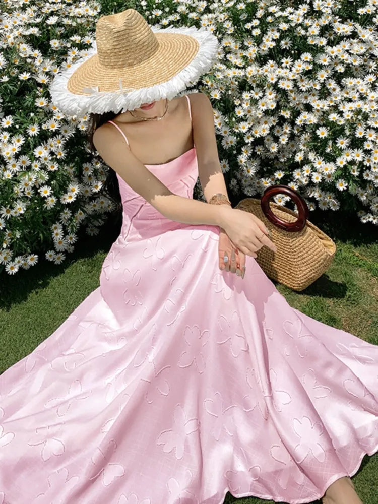 Sweet Pink Long Dresses Spaghetti Strap Laceup Princess Evening Party Dress Summer Holiday Aline Vestidos Robe