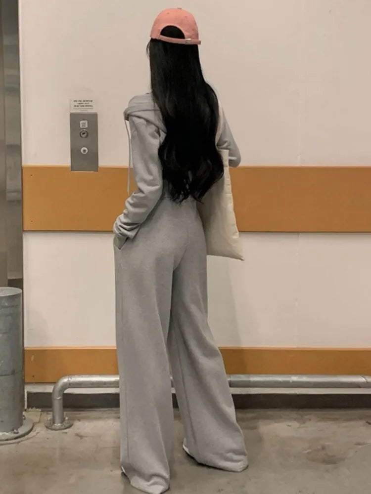 Korean 2-piece Pants Set Tracksuit Autumn New Hooded Zip-up Crop Top Long Pants Outfits