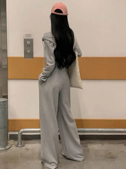 Korean 2-piece Pants Set Tracksuit Autumn New Hooded Zip-up Crop Top Long Pants Outfits
