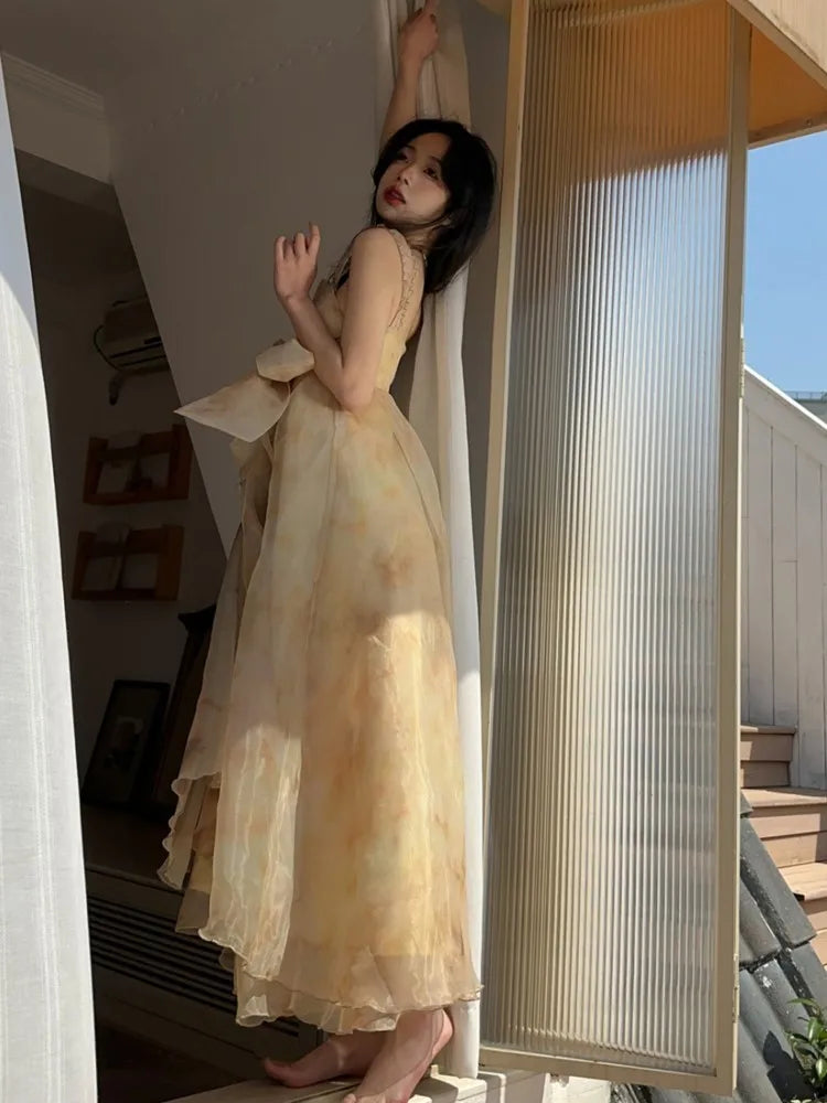 Summer Tie Dye Mesh Midi Dresses Sleeveless Fairy Bow Design Dress Female Irregular Ruffles Backless Dresses