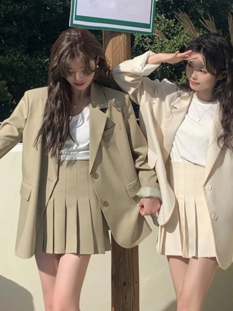 Korean Two-piece Skirt Set Single Breasted Blazer Coat + Pleated Mini Skirt Autumn Office Lady Suits