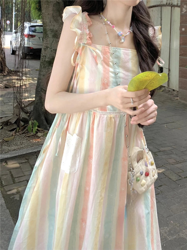 Japanese Kawaii Rainbow Midi Dress Slim Design Print Striped Sleeveless Camisole Dress Even Party Lolita Clothing