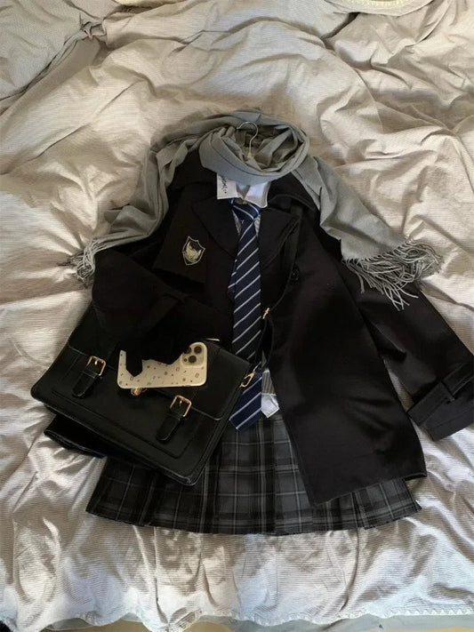 Korean Preppy Style Outfits 3 Piece Set Long Sleeve Suit Coat + Slim Polo Shirt + Y2k Plaid Mini Skirt Jk Clohing