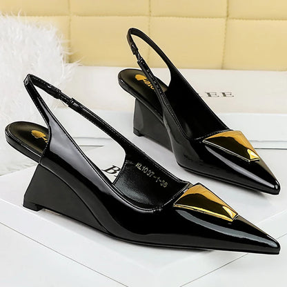 Patent Leather High Heels Wedges Shoes Lady Pumps Pointed Toe Hollow Back Strap 6.5 Cm Sandals White Heels Shoes