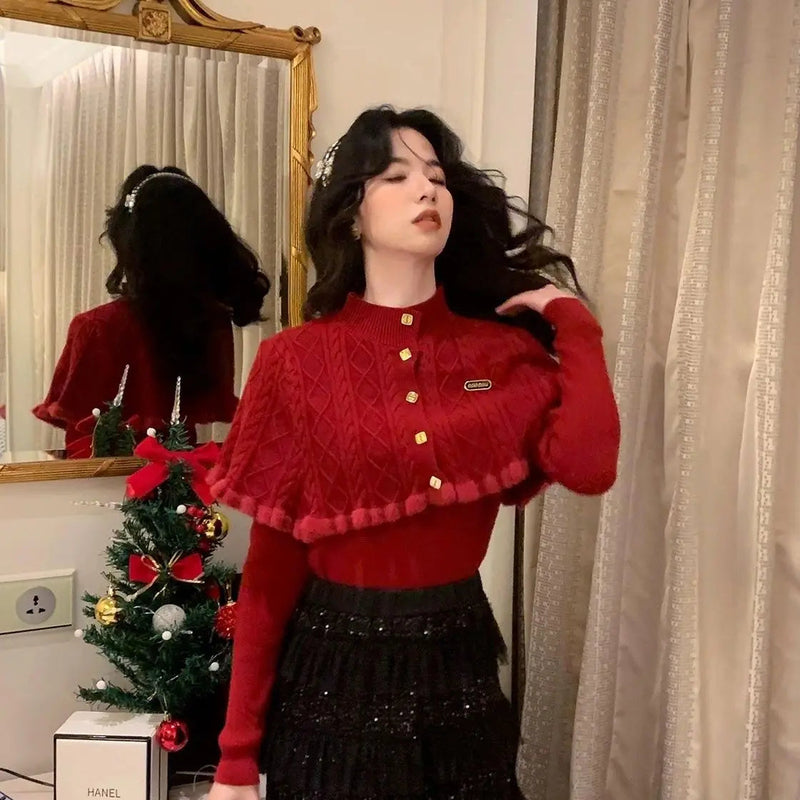 French Gentle Christmas Sweater Twopiece Set Cardigan Female Autumn Winter Slim Base Temperament Knitting Shawl Top