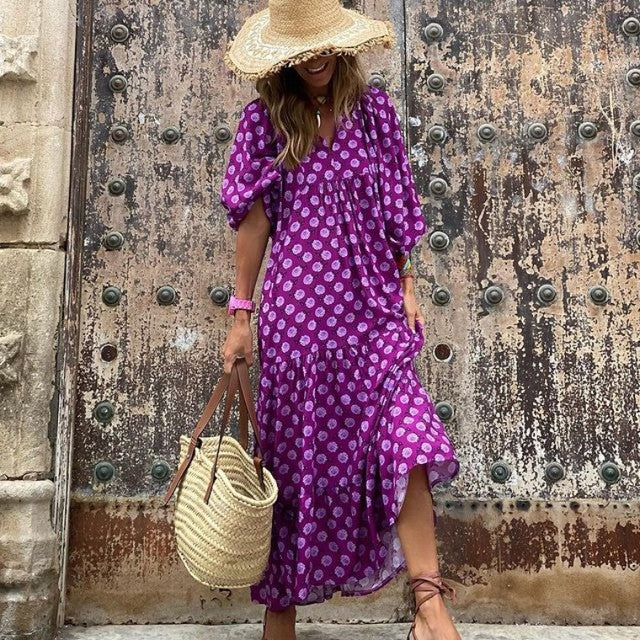 Puff Sleeve Maxi Dress Print V-neck Loose Holiday Beach Party Vestidos