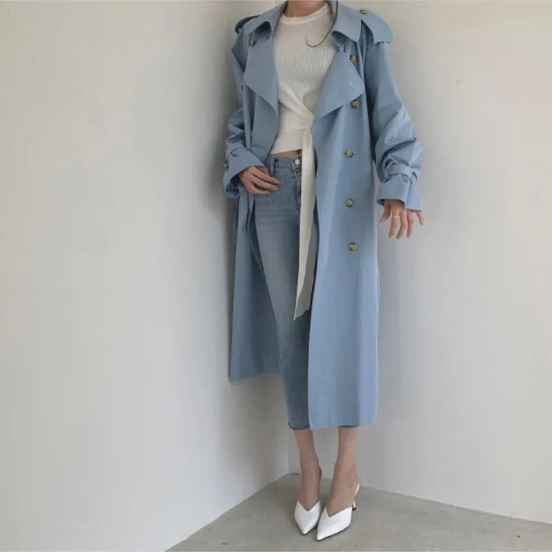 Long Trench Coat New Spring Autumn Lapel Double Breasted With Belt Loose Coat Office Lady Korean Outerwear