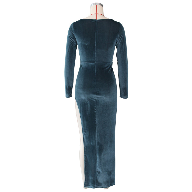 Velvet High Waist Slit Maxi Dress Long Sleeve Evening Party Dress