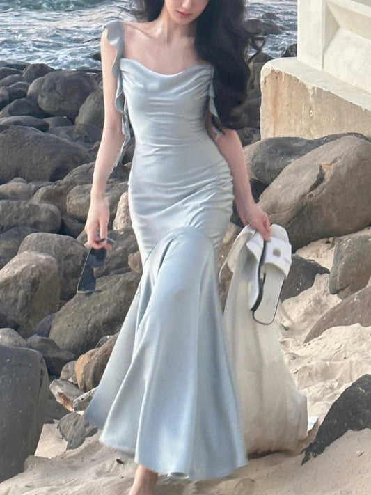 Summer Satin Strap Midi Dress Even Party Dress Pure Color One Piece Dress Korean