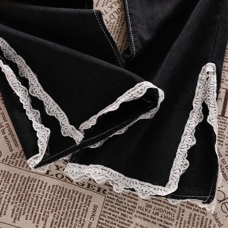 Korean Lace Slit Jeans Pants High Waist Oversize Wide Leg Trousers New Ins All Match Denim