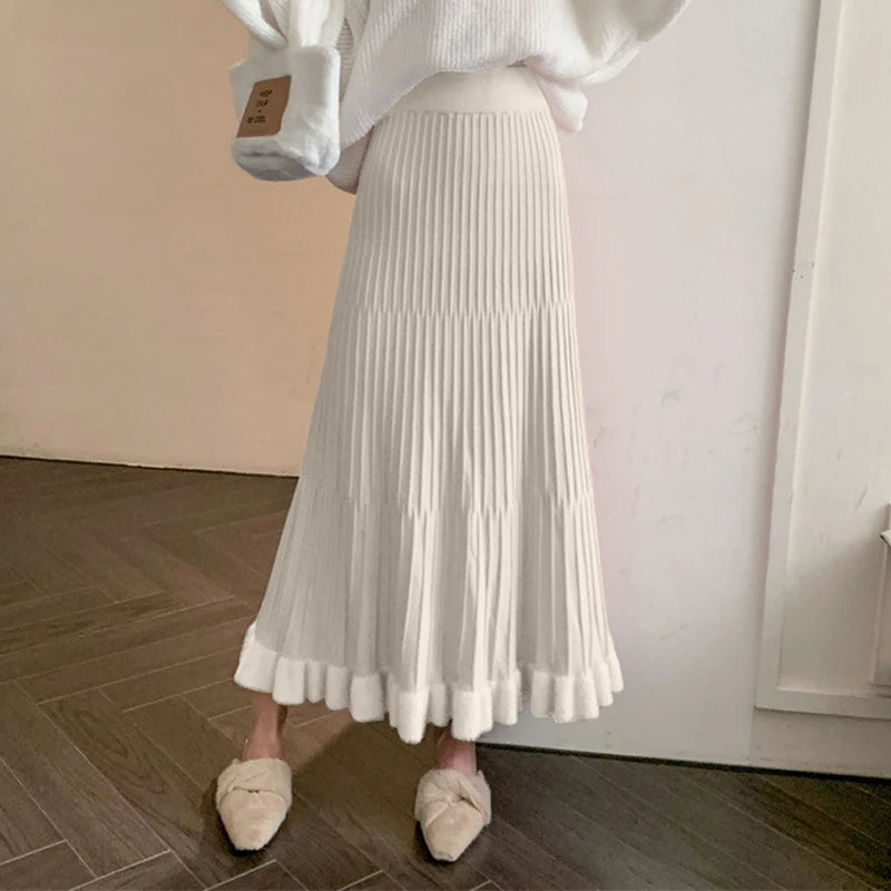 High Waist Ruffled Pleated Skirts Autumn Long Skirt Loose Pleated Ribbed Maxi Skirt