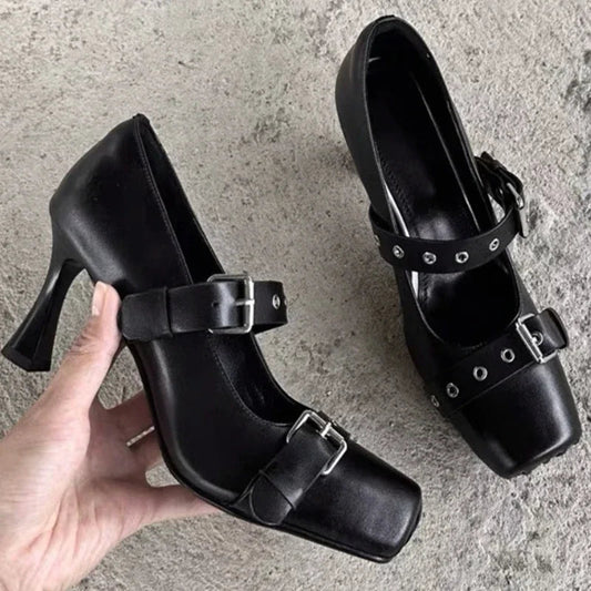 Designer Heeled Ballet Shoes Belt Buckle Chunky Heeled Platform Loafers New Square Toe Mary Jane Shoes
