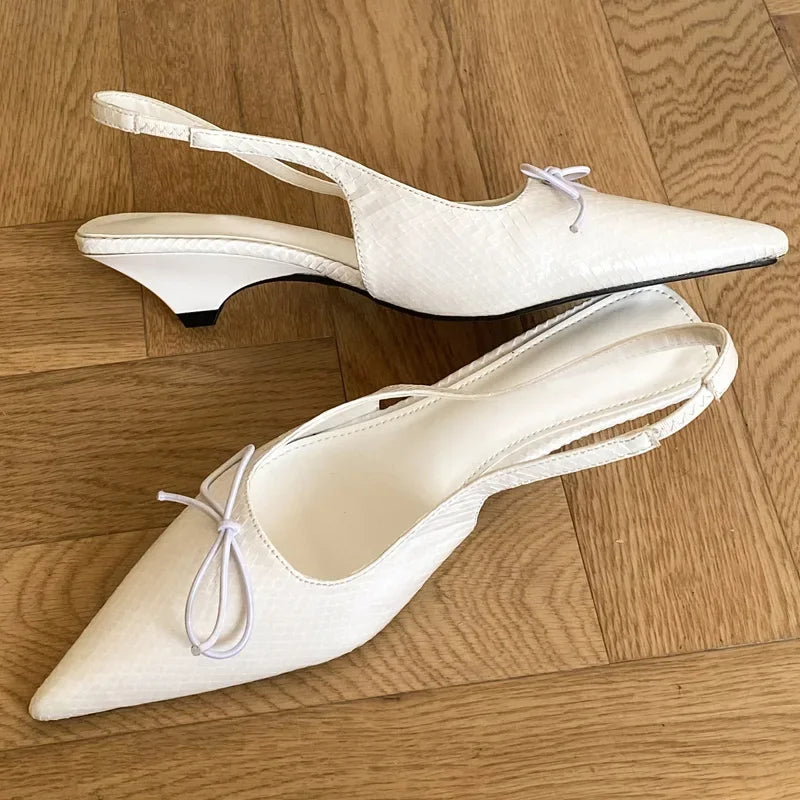 Spring Butterflyknot Thin Low Heels Pumps Sandals Pointed Toe Slipon Slingback Shoes