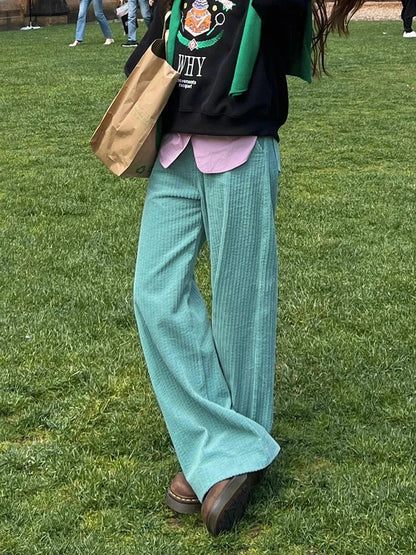 Striped Corduroy Wide Pants Plain High Rise Straight Loose Draped Long Trousers Korean Autumn Clothes
