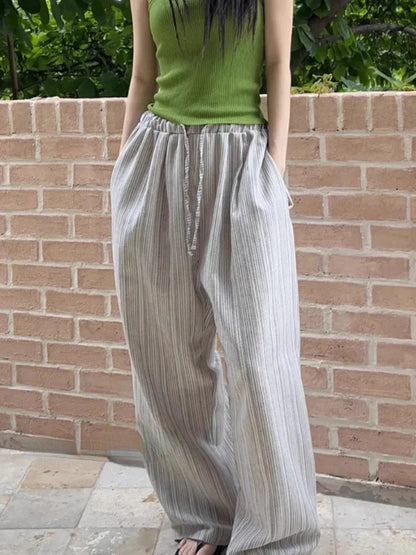 Korean Trousers Drawstring Wide Leg Pants 2000s Y2k Sport Striped Summer Oversize Loose
