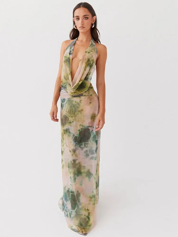 Printed Lace Up Deep Vneck Halter Dress Backless Sleeveless Long Dresses Summer Party Beach Vacation Vestido