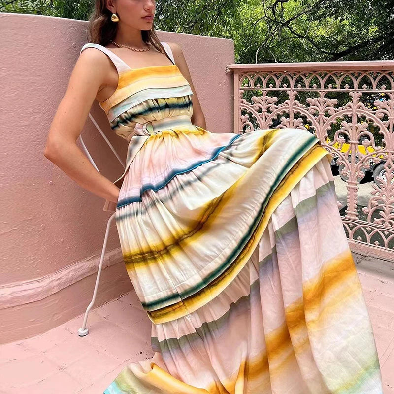 Square Collar Backless Sling Dress Spring Striped Print Pleated Long Dress Summer Sleeveless Party Maxi Dresses