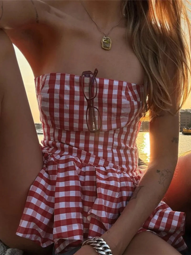 Spring Summer Plaid Tops for Strapless Off Shoulder Backless Ruched Red T-shirt Sleeveless Tees Top