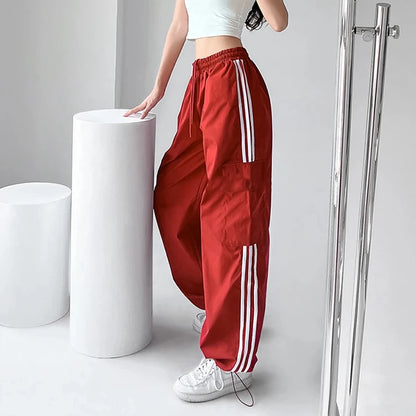 Striped Sweatpants Hip Hop Baggy Wide Leg Cargo Pants Bf Y2k High Waist Drawstring Joggers Trousers