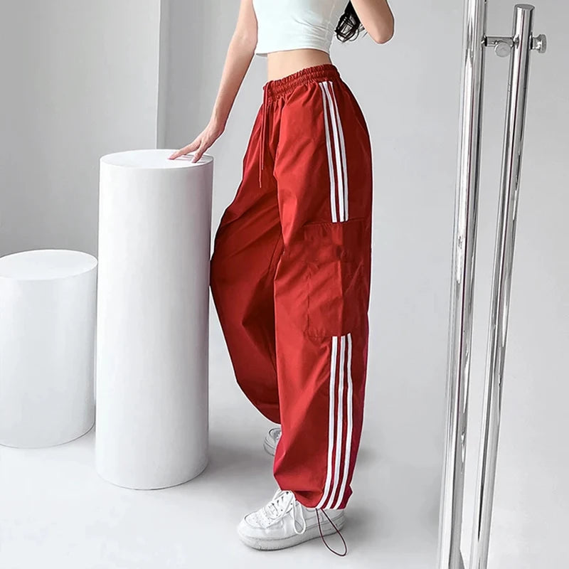 Striped Sweatpants Hip Hop Baggy Wide Leg Cargo Pants Bf Y2k High Waist Drawstring Joggers Trousers