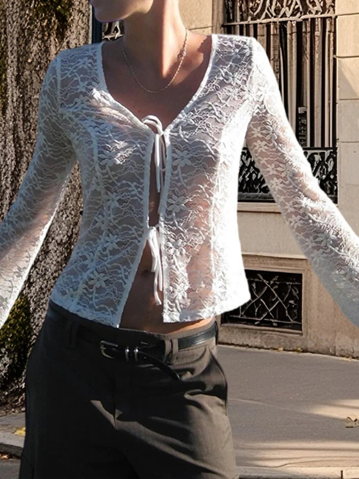 Lace Trimmed V-neck Blouse With Tie Front Detail and Long Sleeves - Stylish S Shirt for Street Style