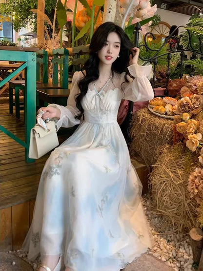 V Neck Long Dress Spring Summer Aline French Style Dresses Sweet Aline Vestidos Mujer
