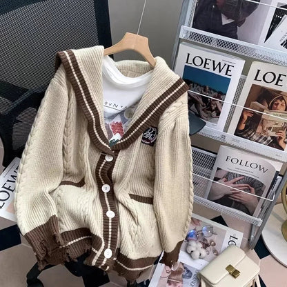 Sailor Collar Knitted Cardigan Oversized Preppy Style Sweaters Coat for Korean Style New