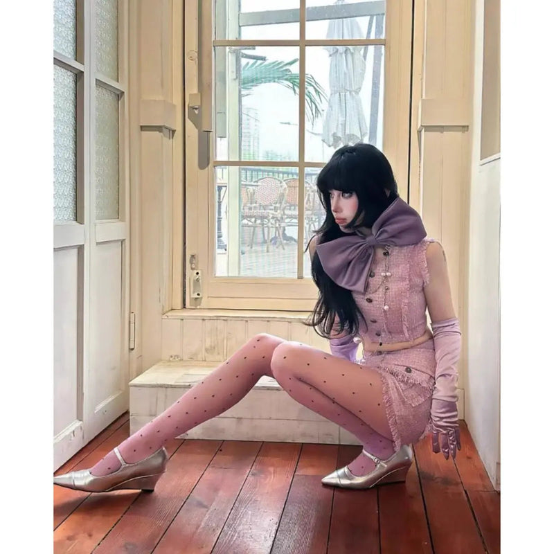 Purple Polka Dot Silk Socks Y2k Stockings Spring/summer Thin Thigh High Socks Transparency Black Tights Pantyhose