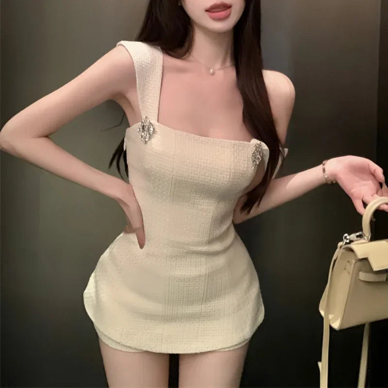Summer New Hollow Backless Bow Splicing Tweed Camisole + Color Shorts Twopiece Suit