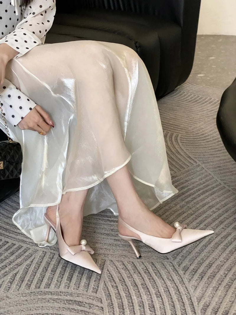 Satin Bow Pumps Pointed Toe Thin Heeled Backless Dress Shoes Brand Designer Shallow Mouth Sandal