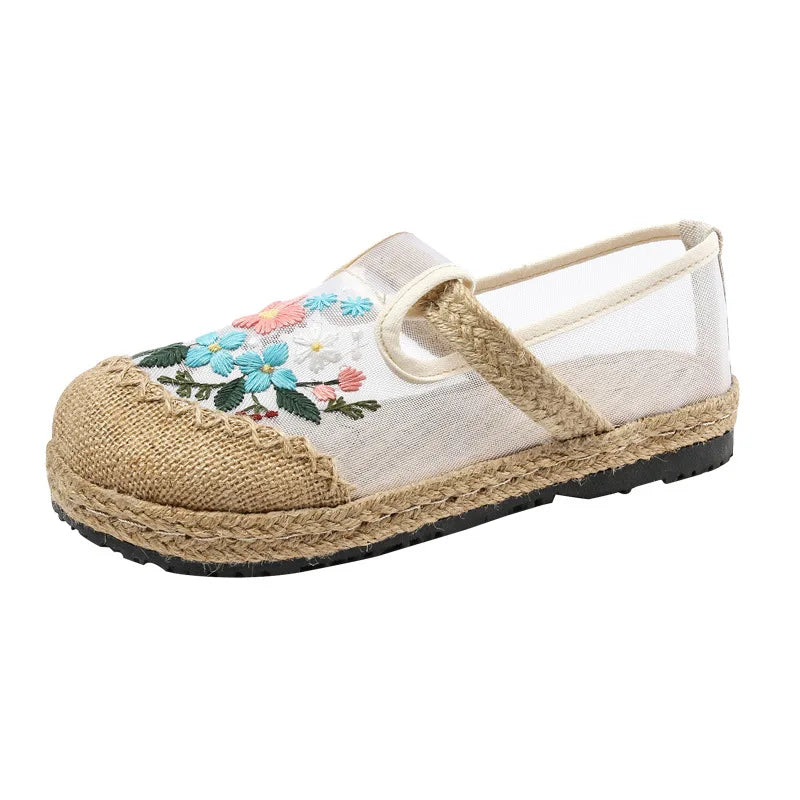 Summer New Thin Mesh Embroidered Shoes Breathable Antique Hanfu Shoes Old Beijing Cloth Shoes Flat Shoes