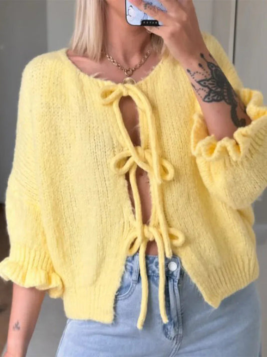 Lace Up Hollow Out Knitting Cardigan New Oneck Half Sleeve Spring Autumn Lady Allmatch Knit Sweater Outwear
