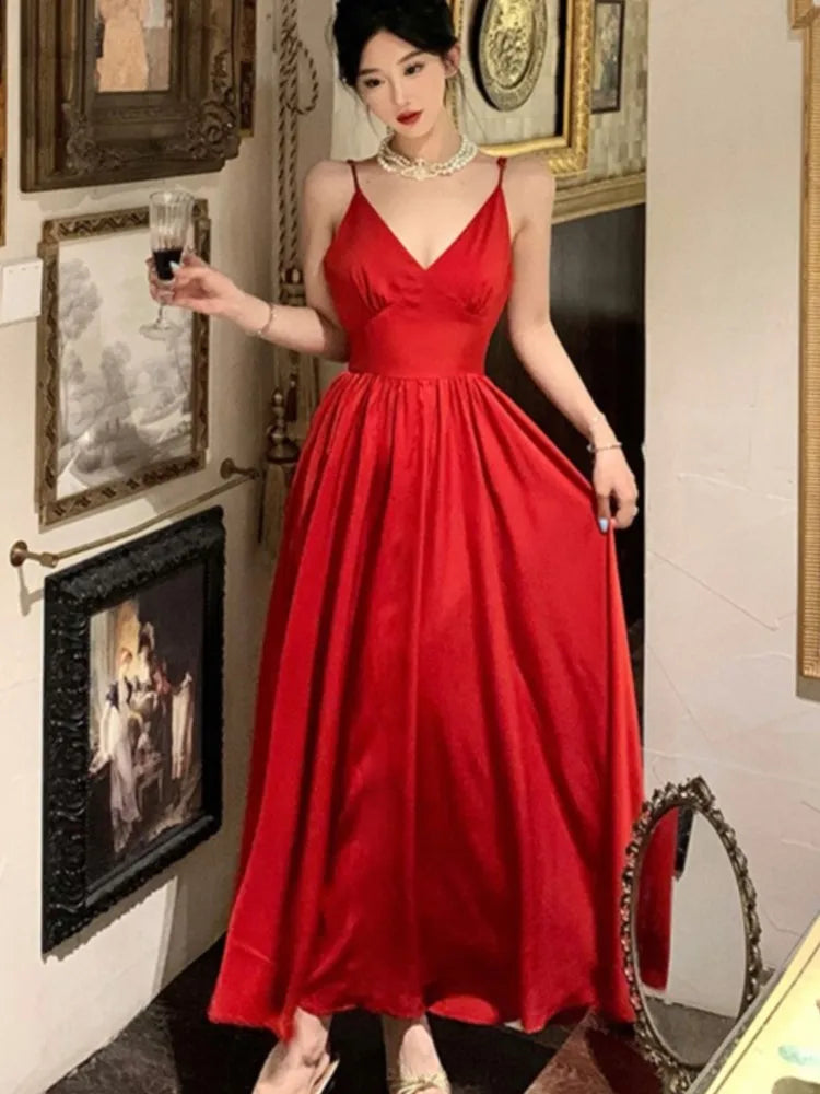 Spaghetti Strap Evening Party Dress V-neck A-line Long Dresses for Wedding Prom Robe One Piece Vestidos