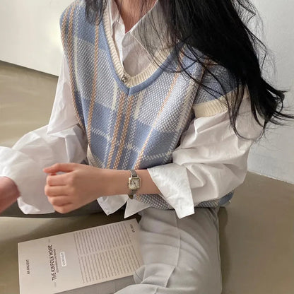 Autumn Winter Female Korean Loose Sweater Vest Office-lady V-neck Jumpers Pullover Knitted Tops Pull Femme Fc8533