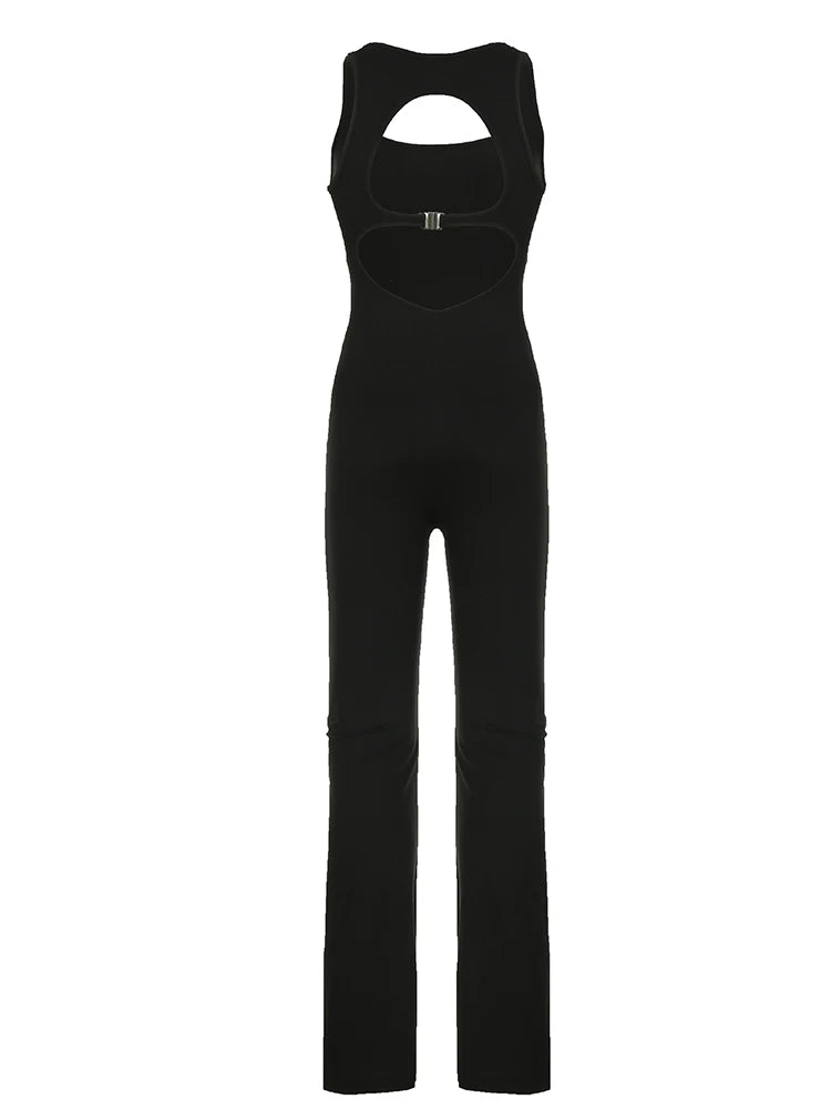 Backless Skinny Black Jumpsuits for Sleeveless Square Collar Rompers Rave Summer Vacation Baddie Outfits