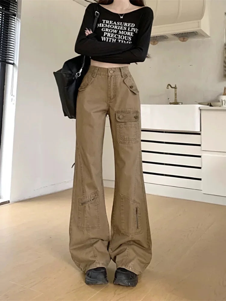 Khaki Denim Cargo Pants Y2k Hip Hop Retro Baggy Low Waist Korean Boot Cut Jeans Harajuku Causal Trouser