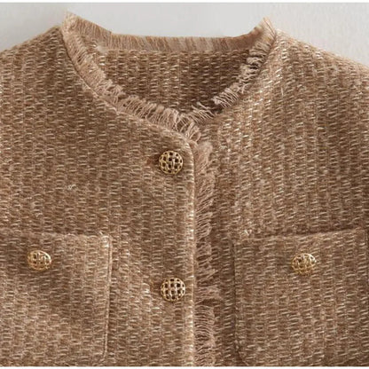O-neck Pockets Short Coats for Autumn Long Sleeve Single Breasted Tweed Jacket New Cropped Coats Female