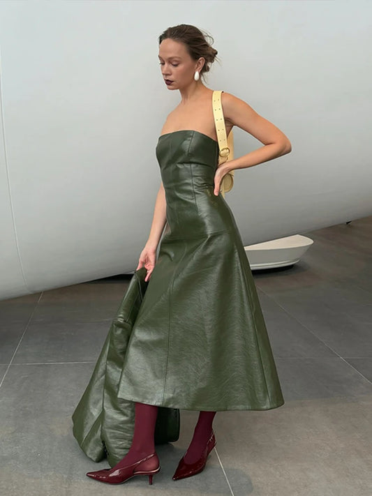 Pu Leather Tube Dresses Suit Coat ’s Set Slim Fit Long Dress Lapel Jackets Sets Female Street Outfits