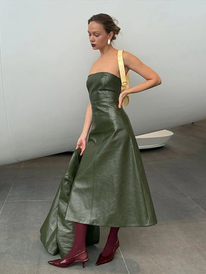 Pu Leather Tube Dresses Suit Coat ’s Set Slim Fit Long Dress Lapel Jackets Sets Female Street Outfits