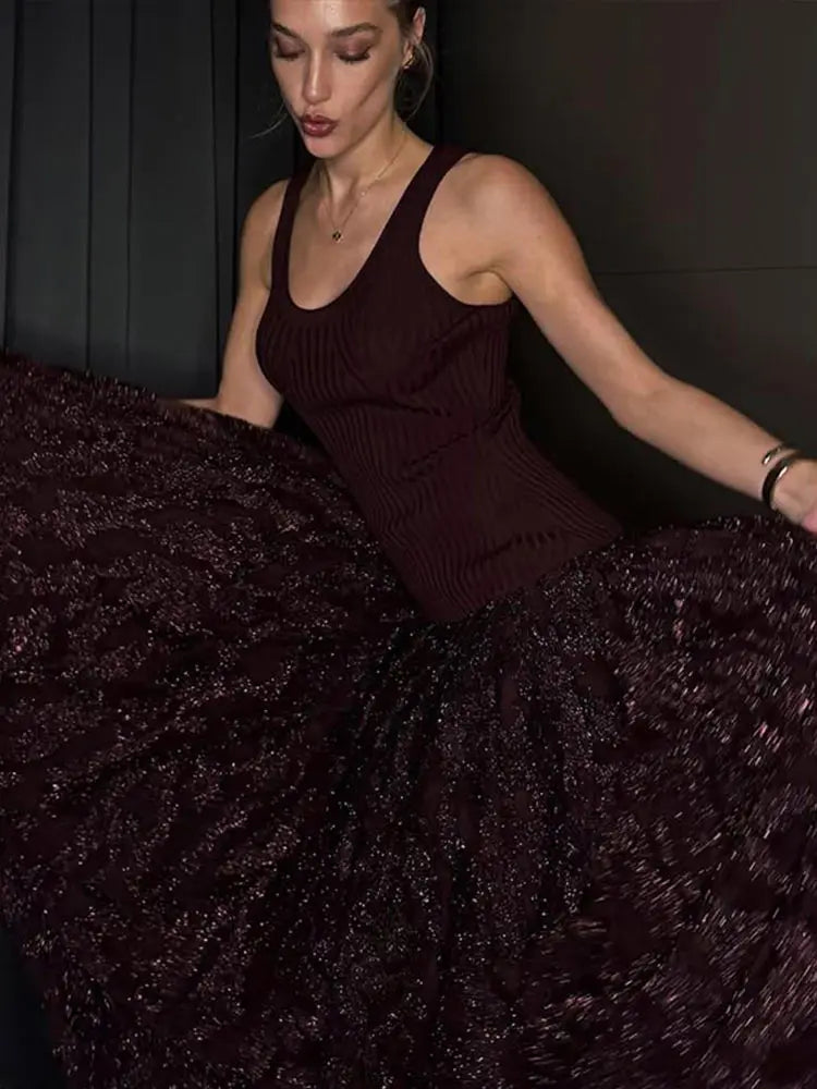Knitted Sequin Long Dresses Glitter O-neck Sleeveless Maxi Evening Dress Female Street Party