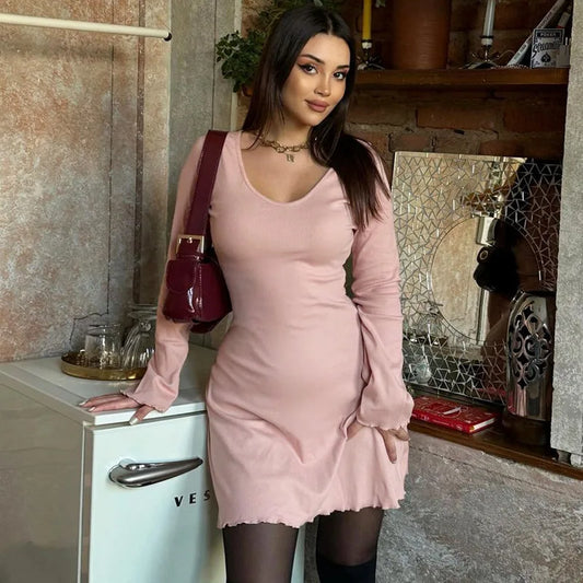 O Neck Long Sleeve Rib Mini Dresses Y2k Outfit Summer Clothes
