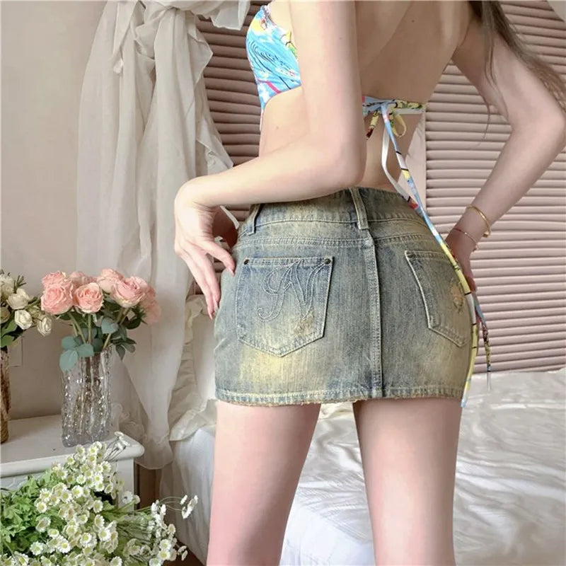 Y2k Willow Nail Heavy Industry Denim Skirt Summer New Low Waist Wrapped Hip Short Skirt