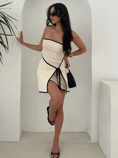 Slim Knitted Tube Top Dress Woman Contrast Color Splice Sleeveless Mini Dress Beach Holiday Dresses